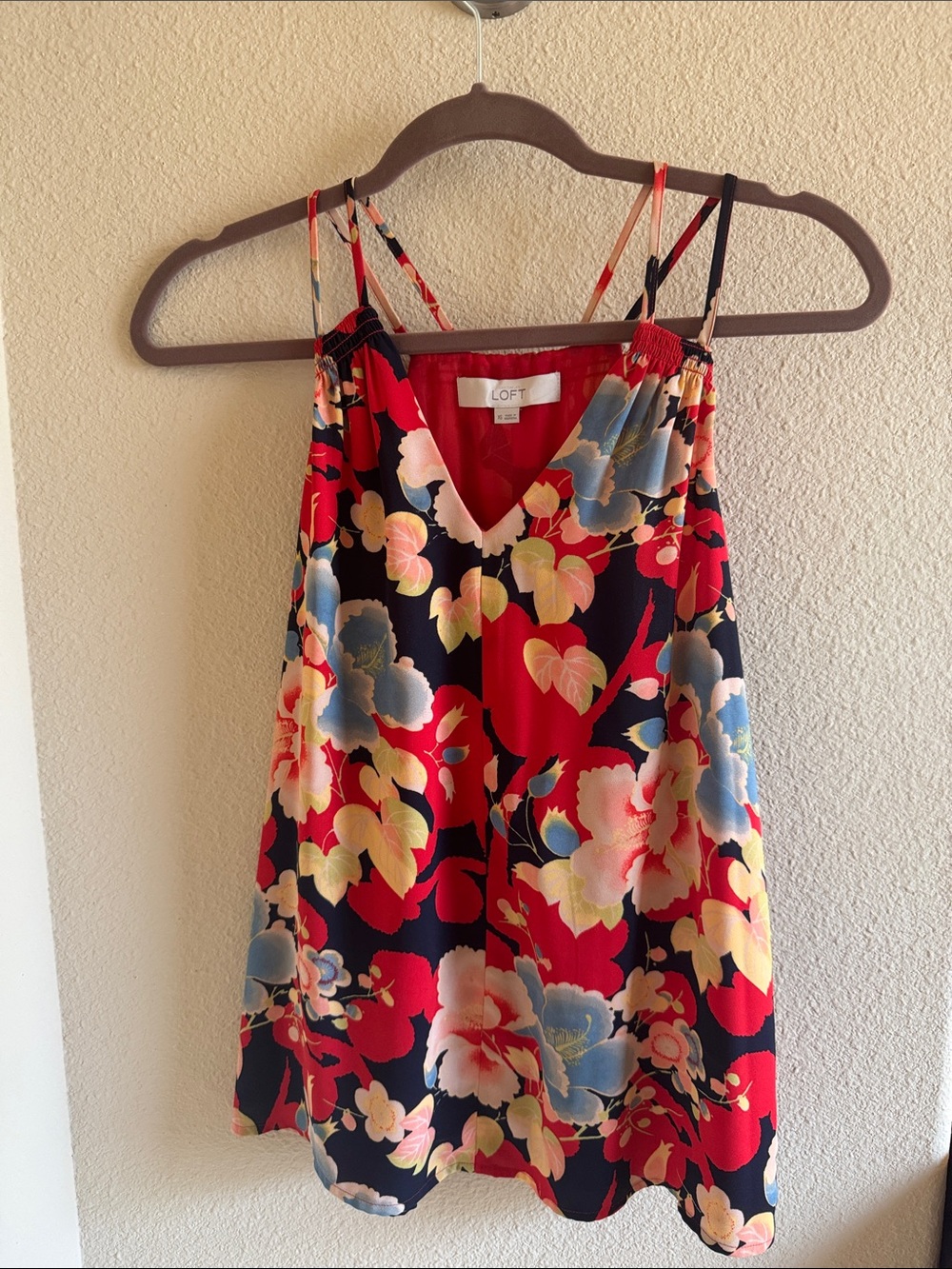 LOFT Red Floral V-Neck Spaghetti Strap Camisole with Blue and Yellow Blooms
